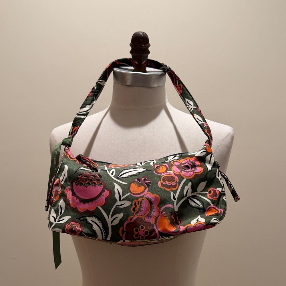 Vera Bradley Small Nylon Shoulder Bag Green with Bubbly Flowers